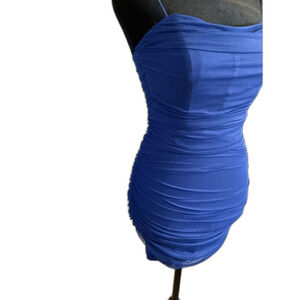 Princess Polly Blue Ruched Mesh Mini Dress — Corset-Style, Spaghetti Straps